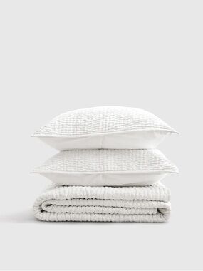 QUINCE European Linen Cotton Stitch Quilt Set King/Cal King White 1279